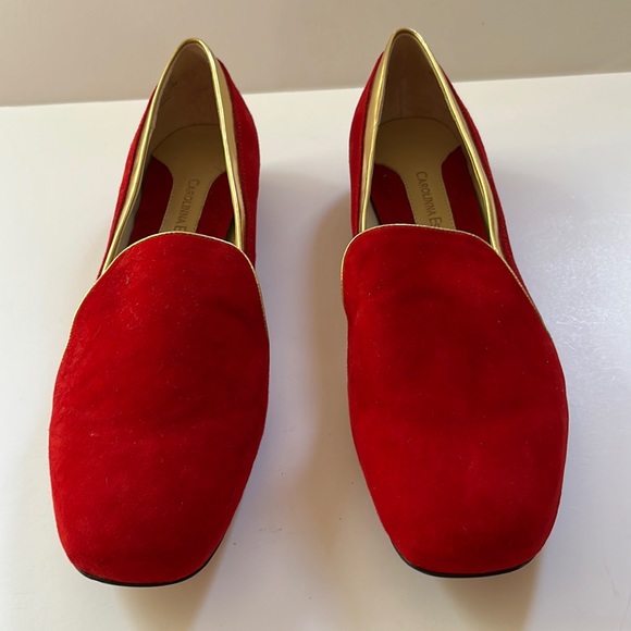 CAROLINNA ESPINOSA | Red Suede Leather Loafer trimmed in Gold - Picture 12 of 14